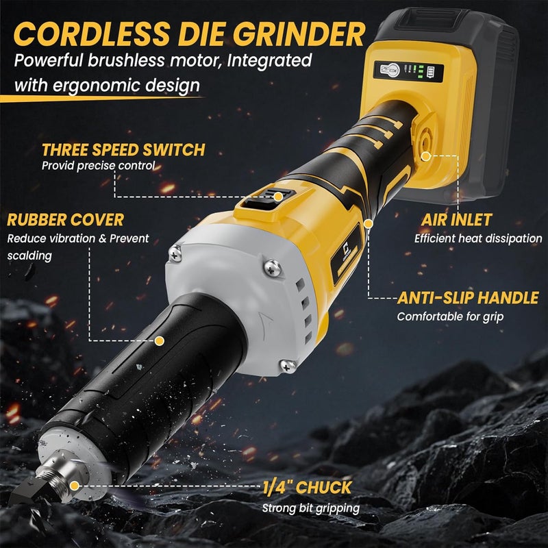 Cerycose Cordless Die Grinder, Compatible for Dewalt 20V Battery, Three Speed 26000 RPM Brushless Motor, 1/4" Precision Chuck, for Rust Removal, Grinding, Polishing, Deburring (No Battery) - Image 2